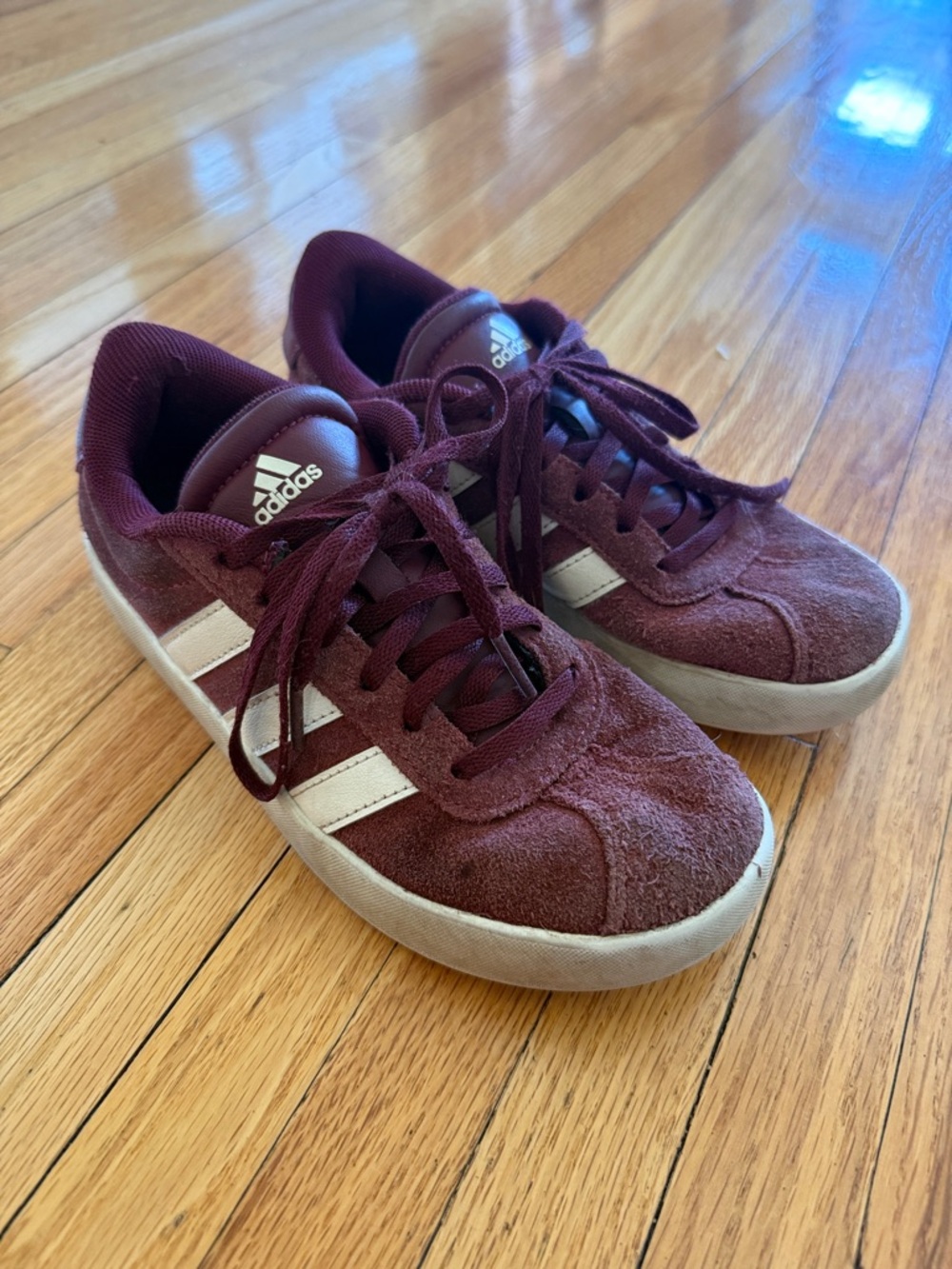 adidas Kids Maroon Suede Sneakers with White Stripes